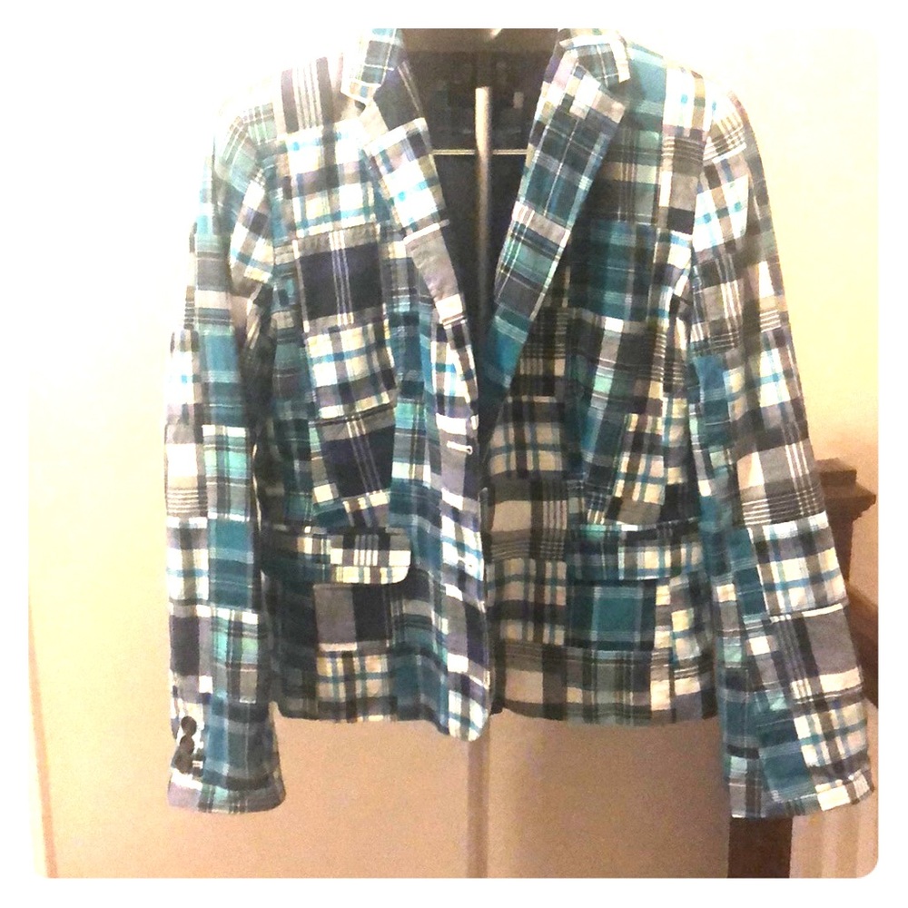 Talbots blue plaid jacket with denim/teal accents